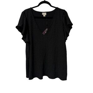 AVA & VIV SHIRT V-NECK FLUTTER SLEEVE TEXTURED BLACK SIZE 1X MINIMALIST NEW